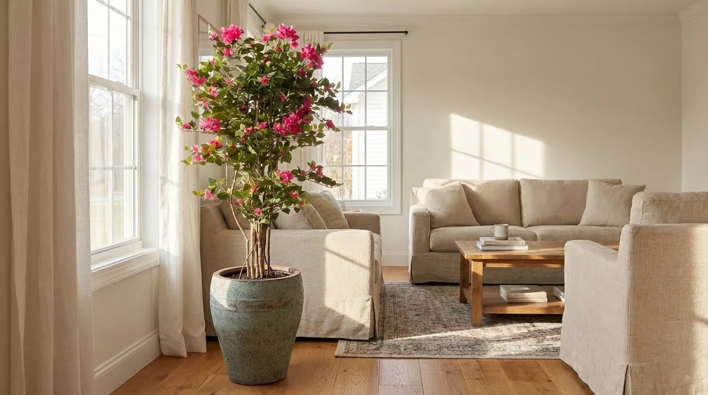 sztuczna bugenwilla w stylowym wnętrzu