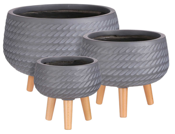 CORDA BOWL 24/23 płaska doniczka szara na drewnianych nóżkach