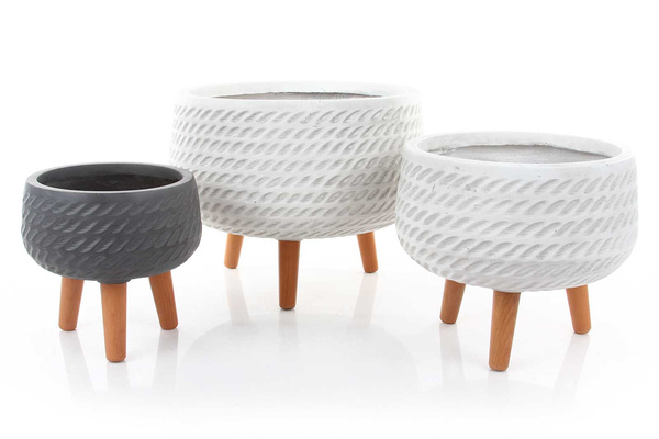 CORDA BOWL 42/32 cm płaska donica szara na drewnianych nóżkach