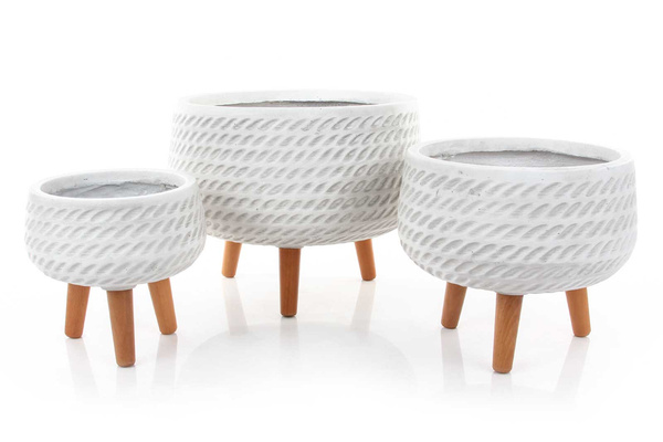 CORDA BOWL 42/32 cm płaska biała donica na drewnianych nóżkach