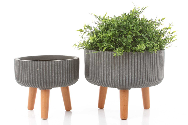 NUOVO BOWL 30/24 cm szara płaska donica na drewnianych nóżkach