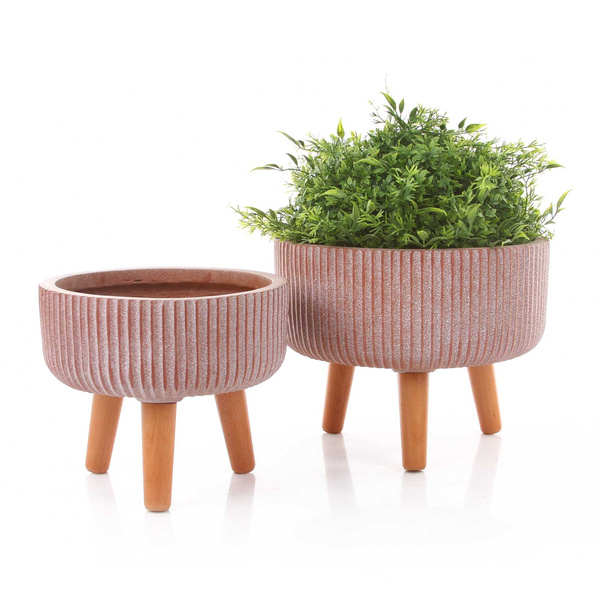 NUOVO BOWL 30/24 cm płaska donica na drewnianych nóżkach terracota