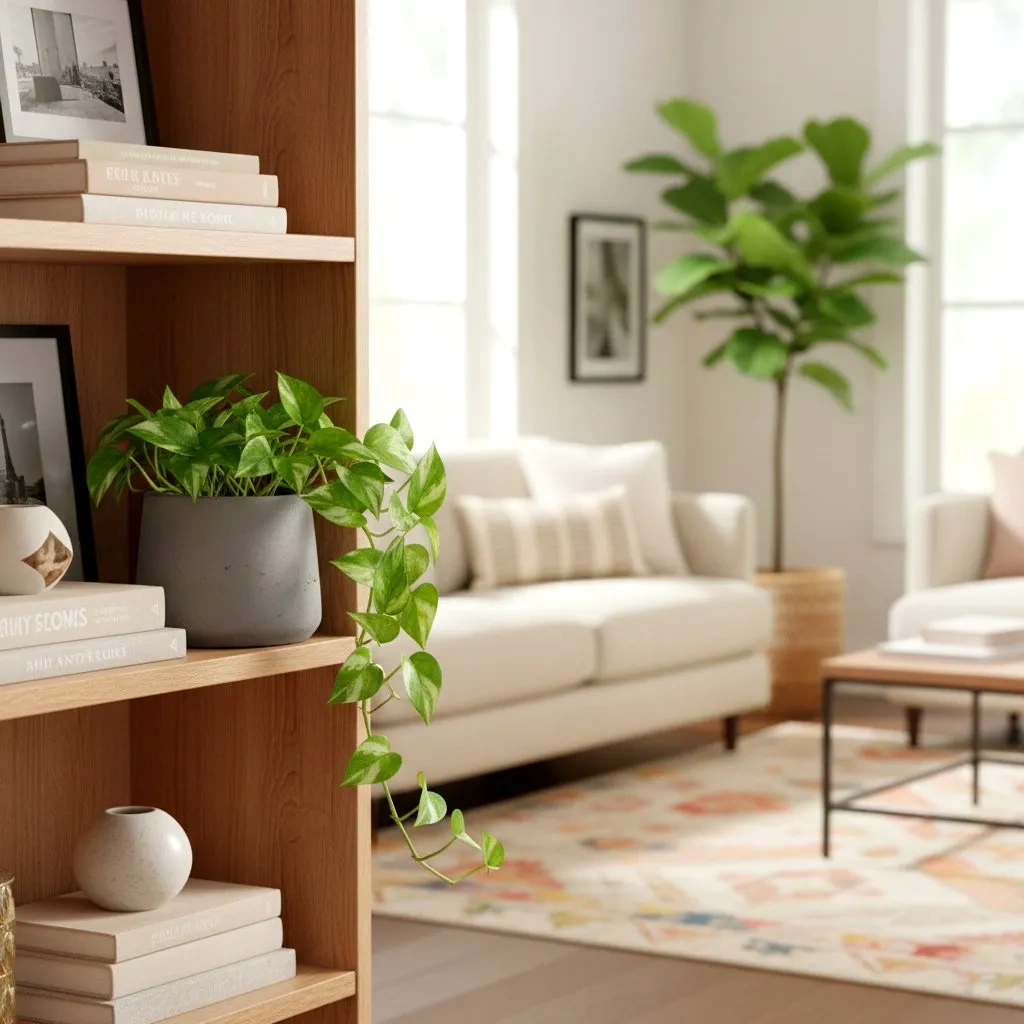 doniczka z kamienia Patt M mocha washed z wiszącym scindapsusem na regale