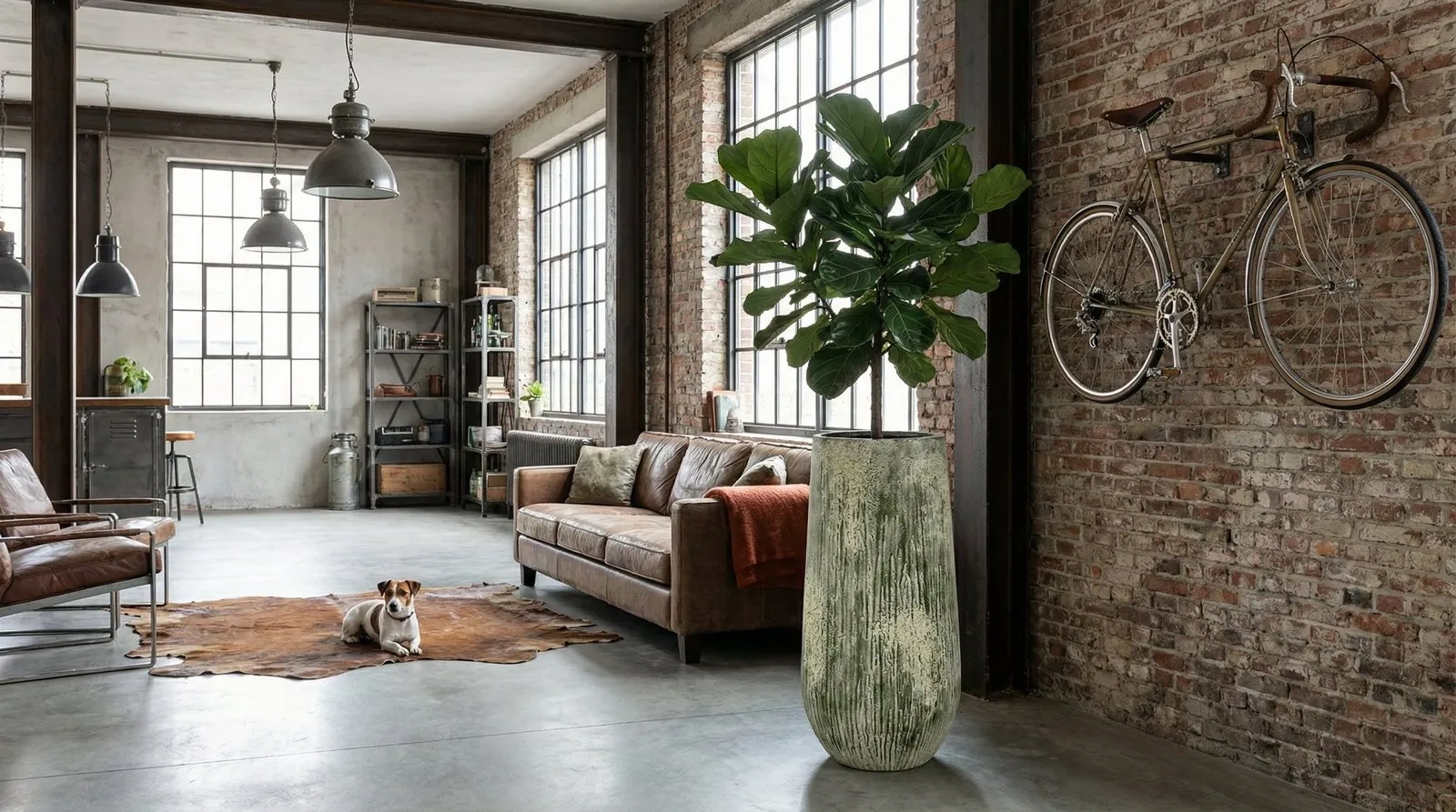 wysoka kamienna donica NAX M 33/70 w salonie loftowym koło ściany z cegły