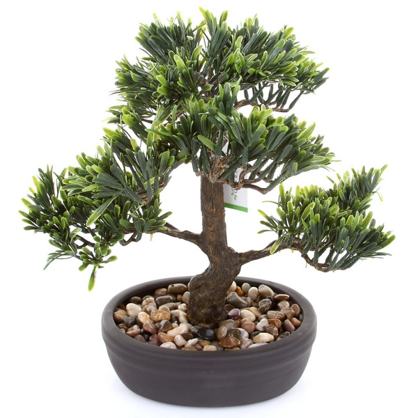 Sztuczne drzewko Bonsai Podocarpus 32 cm w brązowej doniczce