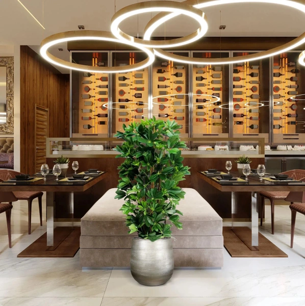 Sztuczna Schefflera gęsta na naturalnych pniach 120 cm deluxe