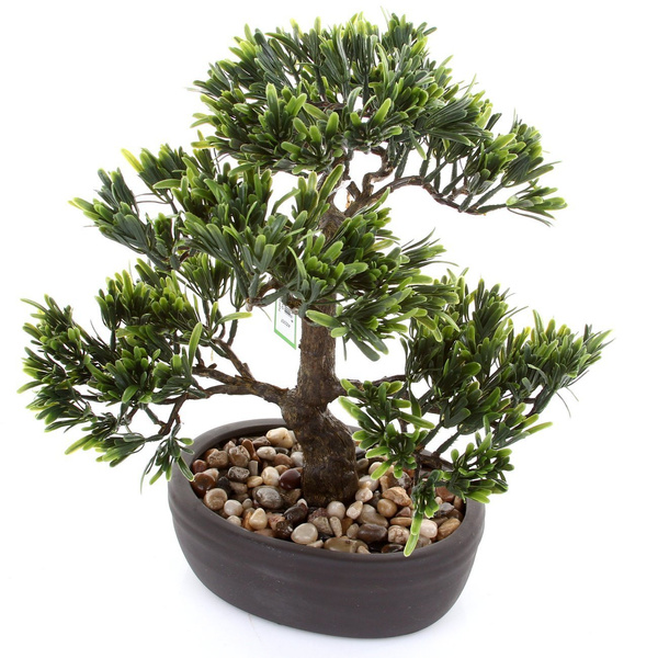 Sztuczne drzewko Bonsai Podocarpus 32 cm w brązowej doniczce