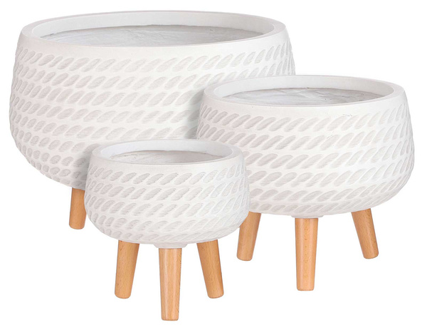 CORDA BOWL 24/23 cm płaska biała doniczka na drewnianych nóżkach