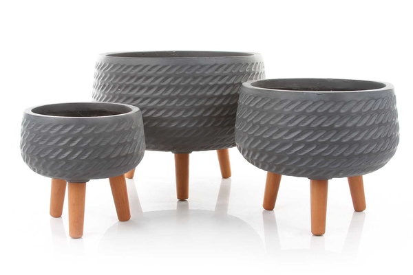 CORDA BOWL 42/32 cm płaska donica szara na drewnianych nóżkach